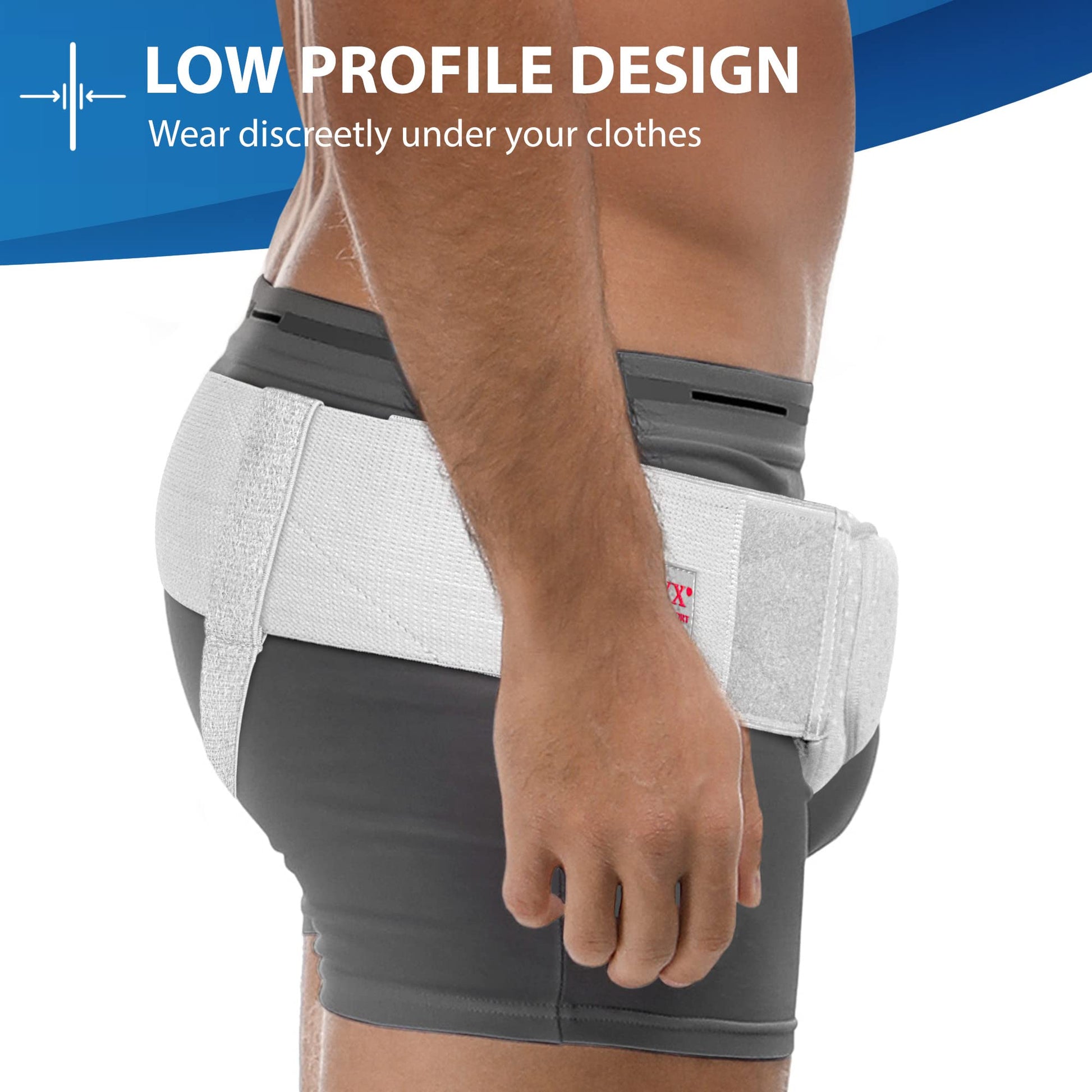 Low-profile ORTONYX Inguinal Hernia Belt worn on model with adjustable straps and compression pad, groin support truss belt.