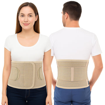 Front/back views of beige ORTONYX Abdominal Binder IMWB-568, adjustable Velcro closure, elastic, tapered lumbar support.