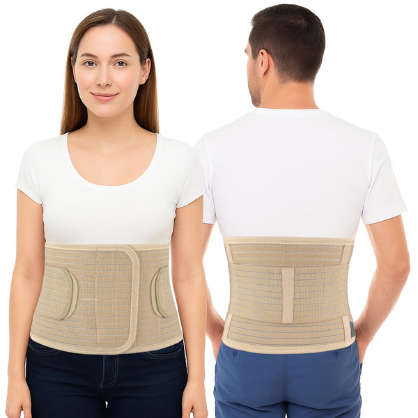 Front/back views of beige ORTONYX Abdominal Binder IMWB-568, adjustable Velcro closure, elastic, tapered lumbar support.
