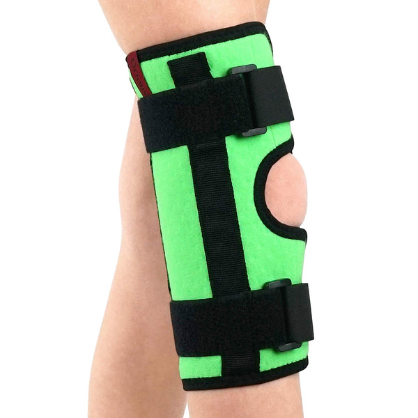 Child wearing bright green ORTONYX pediatric tri-panel knee immobilizer ACJB2117 with open patella and hook-and-loop straps