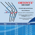 ORTONYX Knee Compression Sleeve size chart and measuring guide: 30° thigh, measure over patella; S–XXL in cm/in.