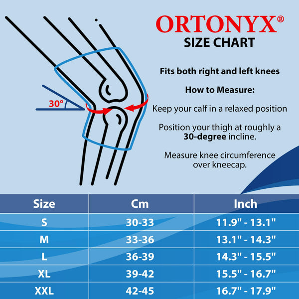 ORTONYX Knee Compression Sleeve size chart and measuring guide: 30° thigh, measure over patella; S–XXL in cm/in.