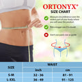 ORTONYX abdominal ostomy/colostomy/ileostomy belt size chart with waist measurement guide; S-M 32-36 in, L-XXL 36-49 in.