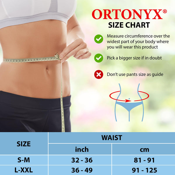 ORTONYX abdominal ostomy/colostomy/ileostomy belt size chart with waist measurement guide; S-M 32-36 in, L-XXL 36-49 in.