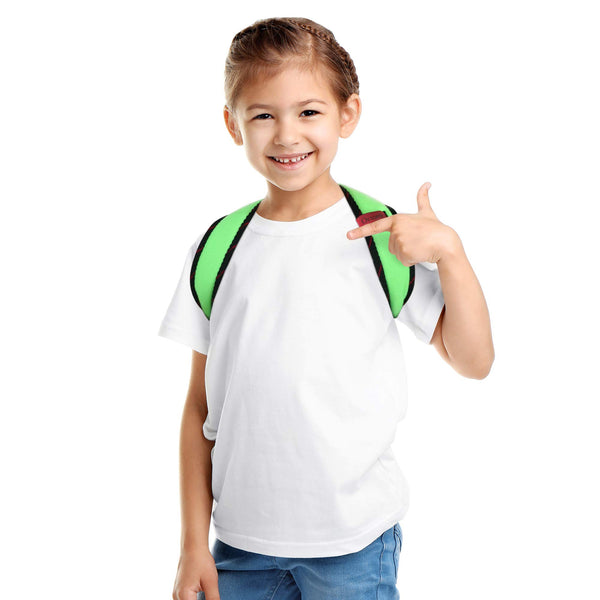 Child wearing green pediatric figure-8 clavicle support brace with EVA-padded straps, posture corrector for kids