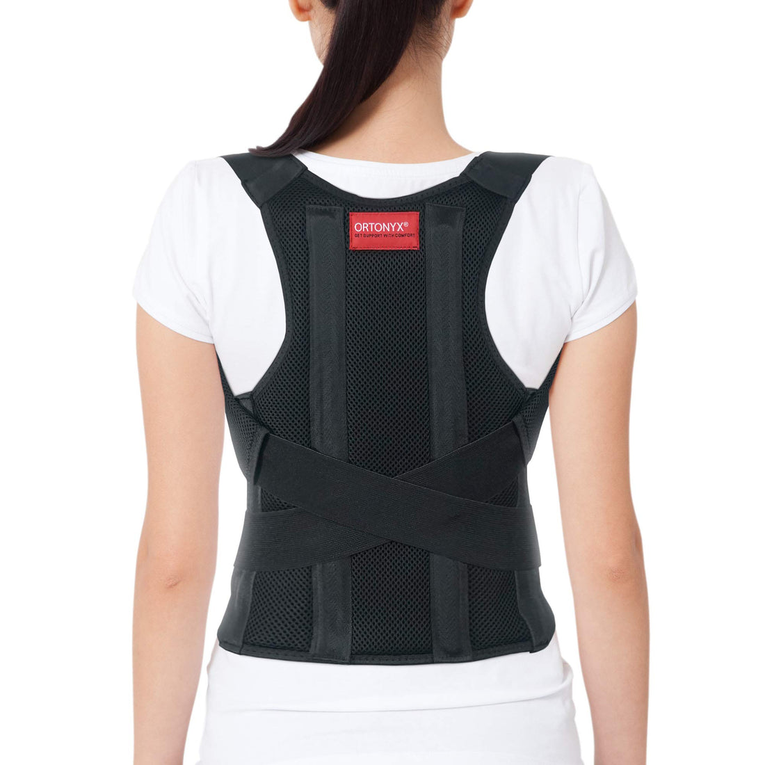 ORTONYX 656 Comfort Posture Corrector on model, mesh back brace with X-straps and stays for clavicle and shoulder support
