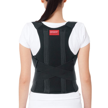ORTONYX 656 Comfort Posture Corrector on model, mesh back brace with X-straps and stays for clavicle and shoulder support