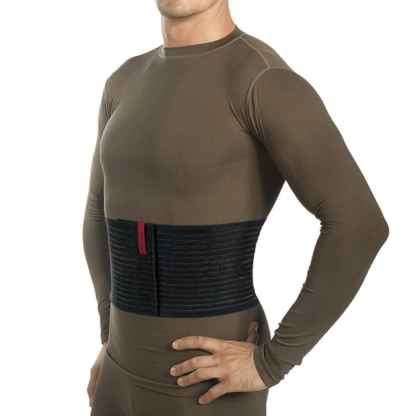 ORTONYX 6.25 inch abdominal binder on torso, breathable elastic belt with adjustable hook-and-loop front, lumbosacral support