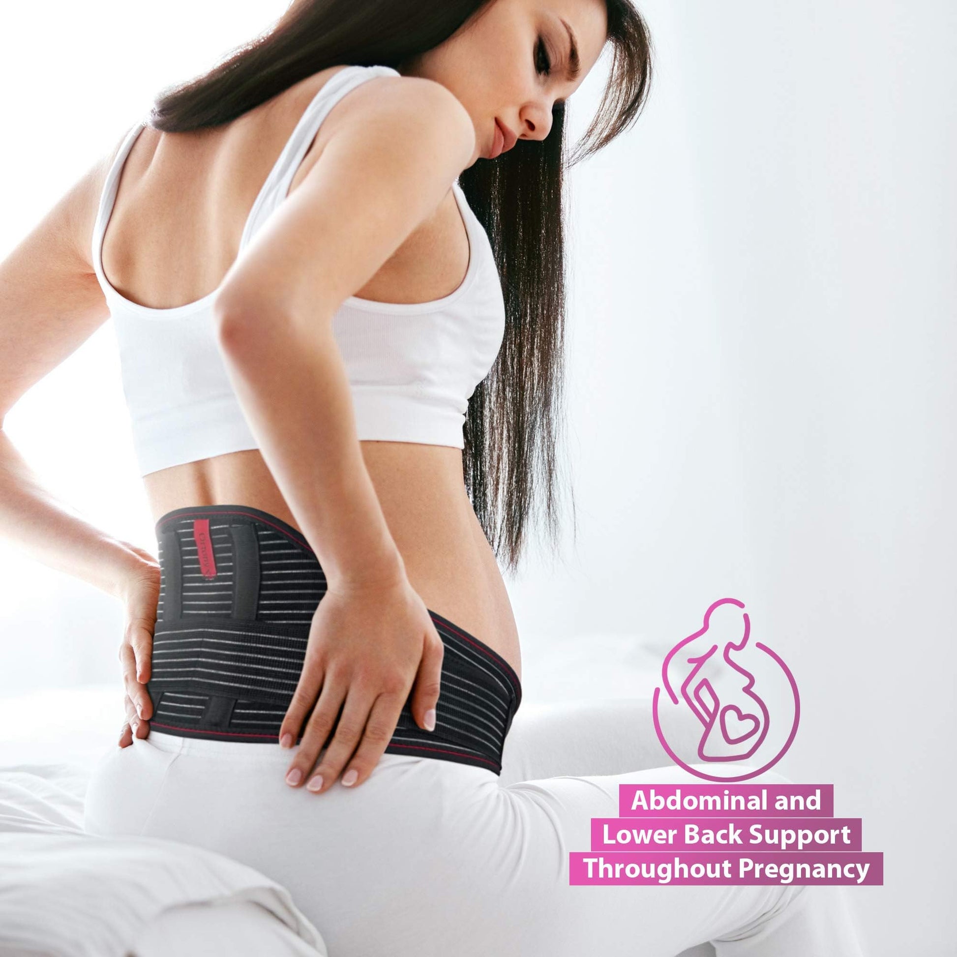 Pregnant woman wearing ORTONYX Maternity Support Belt with hook-and-loop, elastic strap, lumbar stays for back support