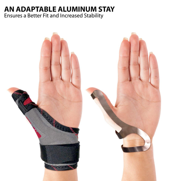 Breathable thumb spica splint brace with hook‑and‑loop straps; second hand shows moldable aluminum stay for support