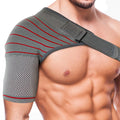Grey compression shoulder sleeve brace with 3D knit and adjustable hook-and-loop strap for rotator cuff support and stability