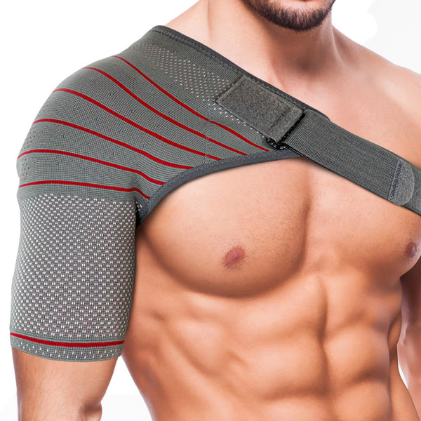 Grey compression shoulder sleeve brace with 3D knit and adjustable hook-and-loop strap for rotator cuff support and stability