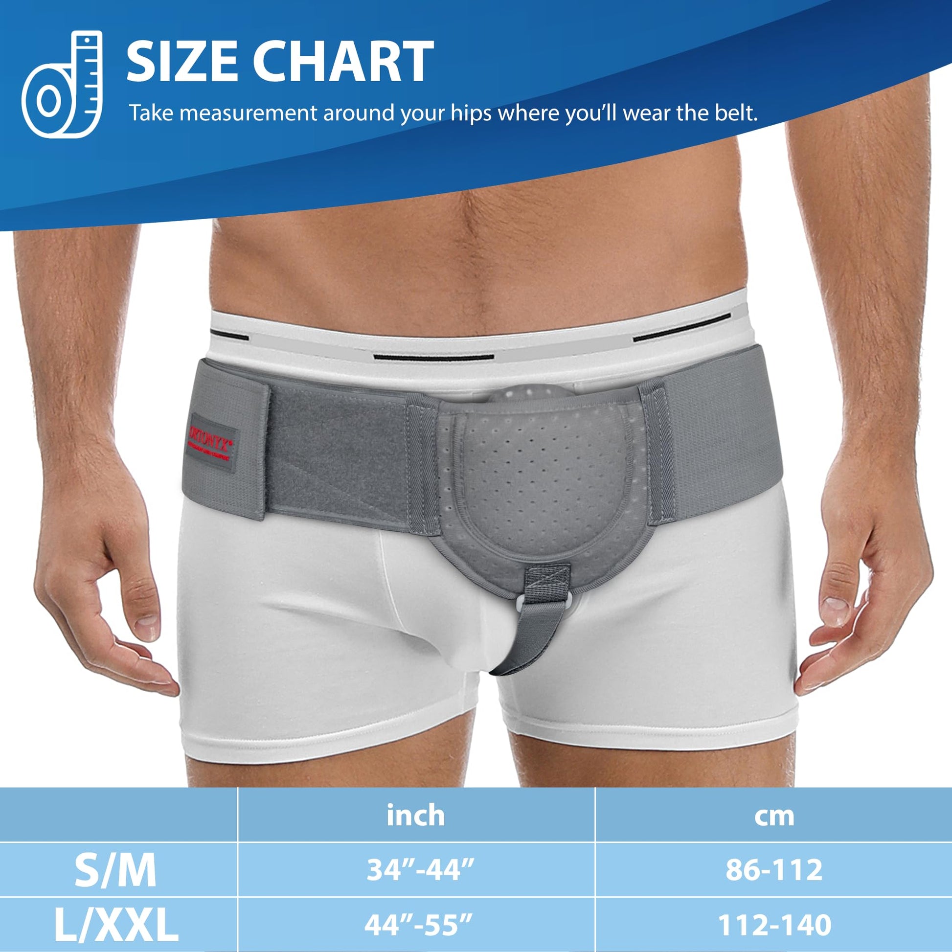 ORTONYX Inguinal Hernia Belt worn, groin support belt with removable compression pad, adjustable straps; size S/M–L/XXL