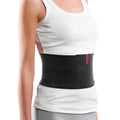 Model wearing ORTONYX 6.25 inch abdominal binder, ribbed breathable elastic lumbo-sacral support wrap around midsection