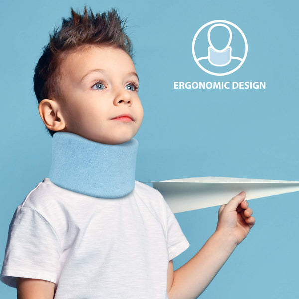 Child wearing soft foam pediatric cervical collar, kids neck support brace ORTONYX ACJS03; ergonomic design icon shown