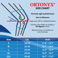 ORTONYX knee brace with patella ring size chart (ACKB314); measure circumference over patella at 30°; S-XXL in cm/in.