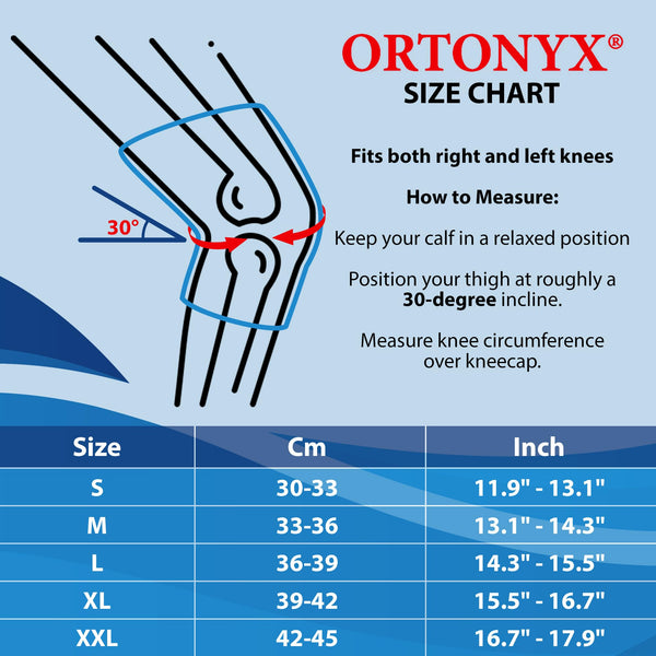 ORTONYX knee brace with patella ring size chart (ACKB314); measure circumference over patella at 30°; S-XXL in cm/in.