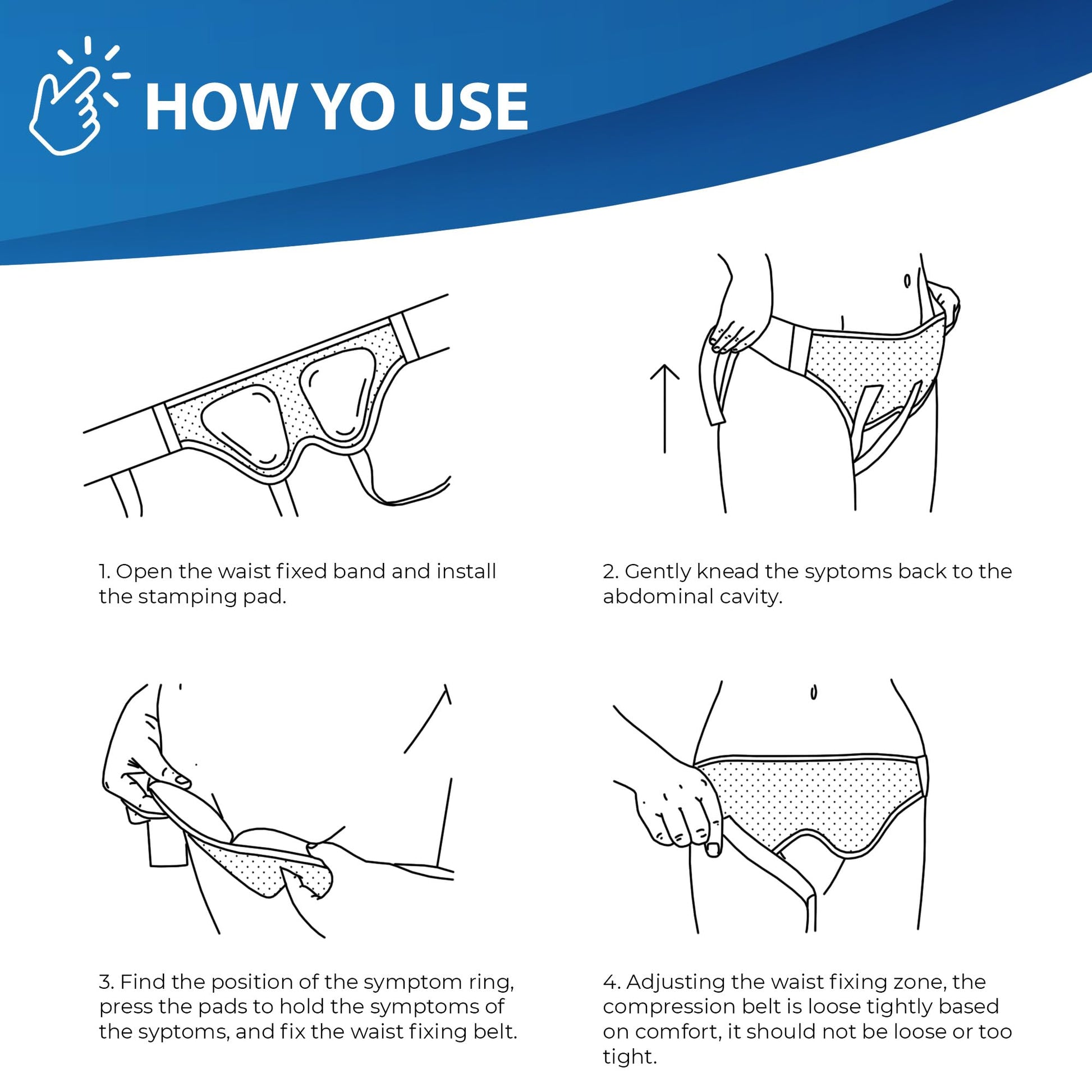 How to use ORTONYX inguinal hernia belt; illustrated fitting steps with dual compression pads and adjustable groin straps.