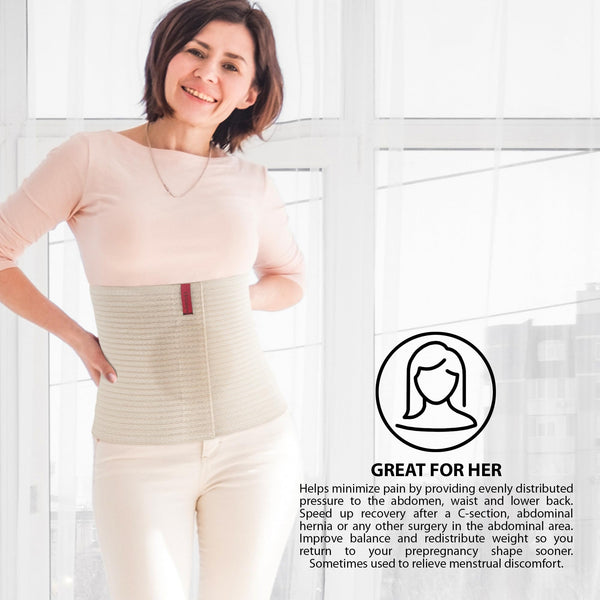 Woman wearing beige umbilical hernia belt, abdominal binder 10.25 in for navel/ventral hernia support; breathable fabric.