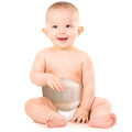 Baby wearing ORTONYX Baby Umbilical Hernia Belt OX350, beige infant hernia truss with foam pad and hook-and-loop closure