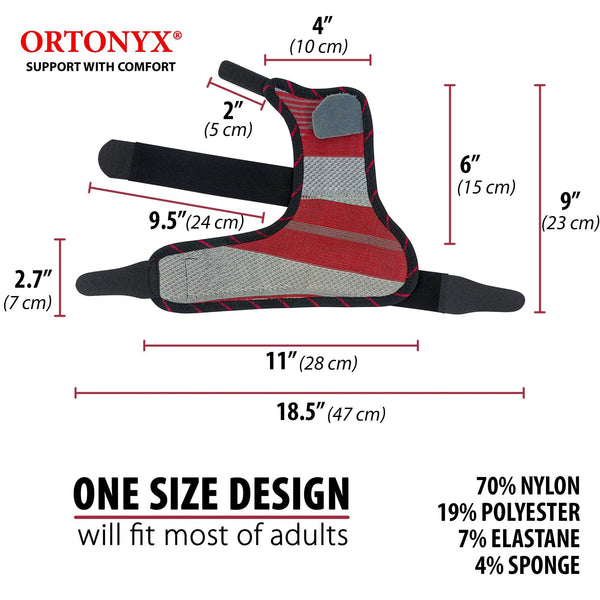 ORTONYX boxer fracture splint ACKB434, red/gray 4th–5th digit immobilizer pinky finger brace; one-size design with dimensions.