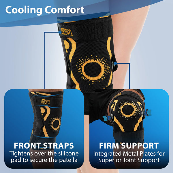 ORTONYX hinged knee brace with 3D knitted sleeve, silicone patella ring, and adjustable straps for ACL/MCL/PCL support