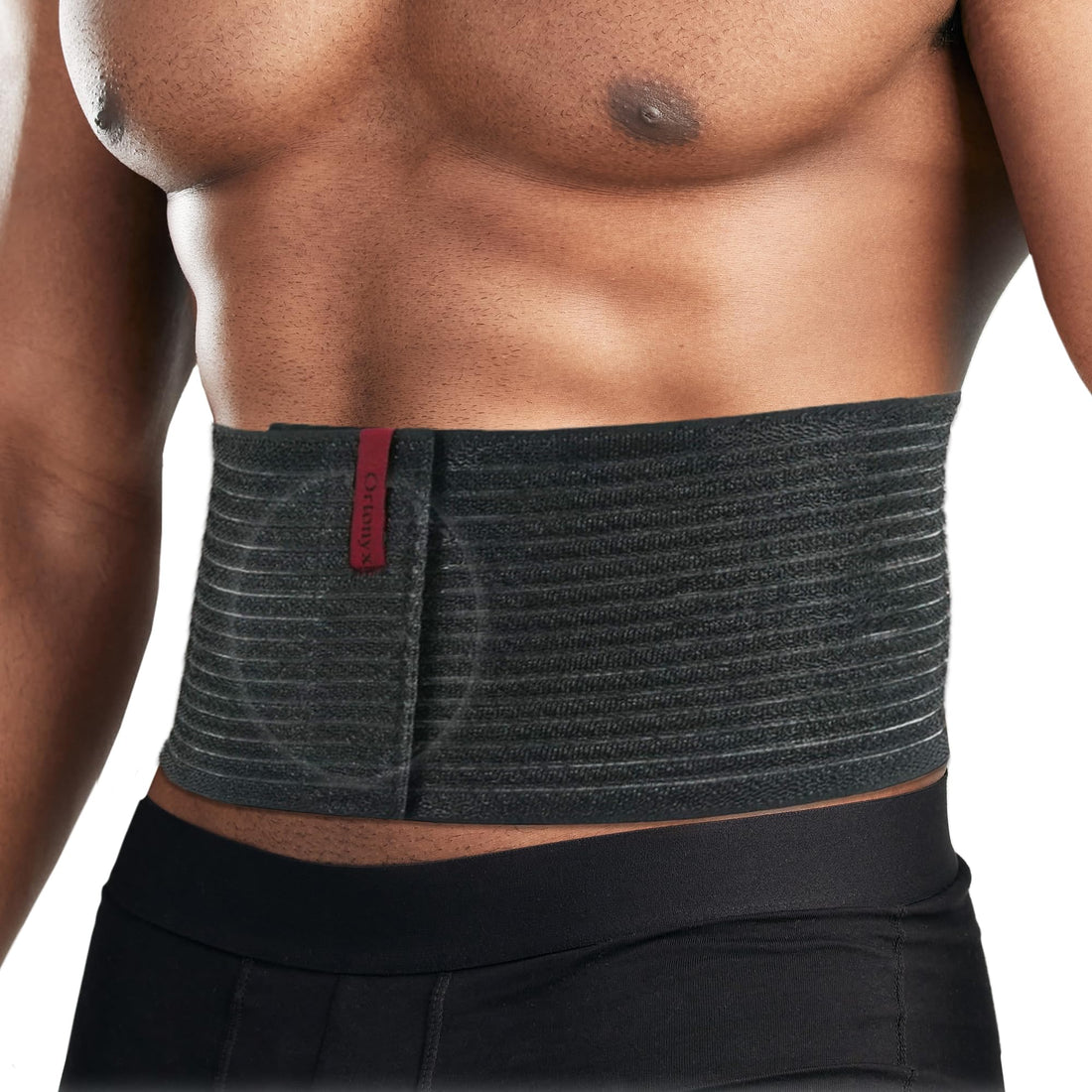 ORTONYX umbilical hernia belt, beige abdominal support binder with front closure and targeted silicone pad over navel.