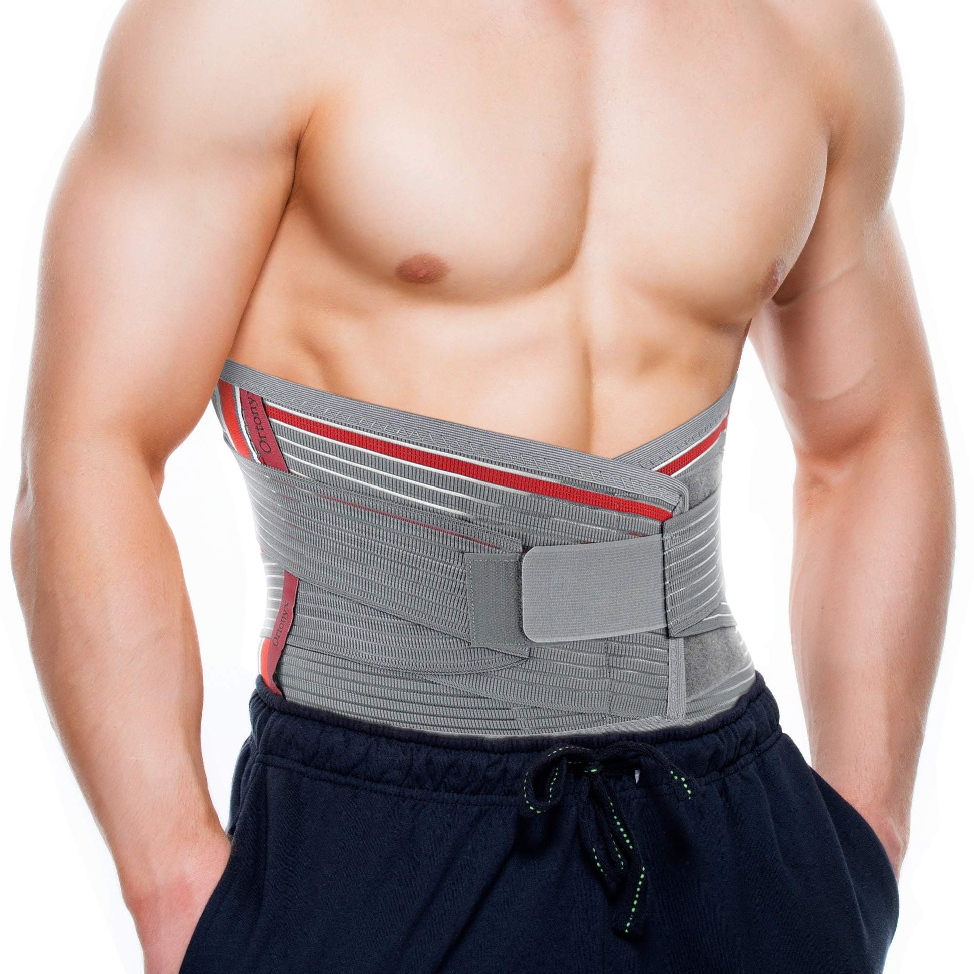 ORTONYX knitted lumbar support belt back brace; breathable gray lumbosacral belt with adjustable closure and stays.