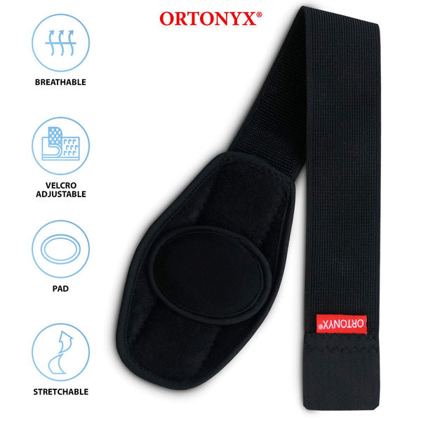 ORTONYX Baby Umbilical Hernia Belt OX350 in black, breathable stretch strap with hook-and-loop and removable foam pad.