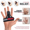 ORTONYX Trigger Finger Splint on hand; black/gray finger brace with rigid stay for trigger finger and stenosing tenosynovitis.