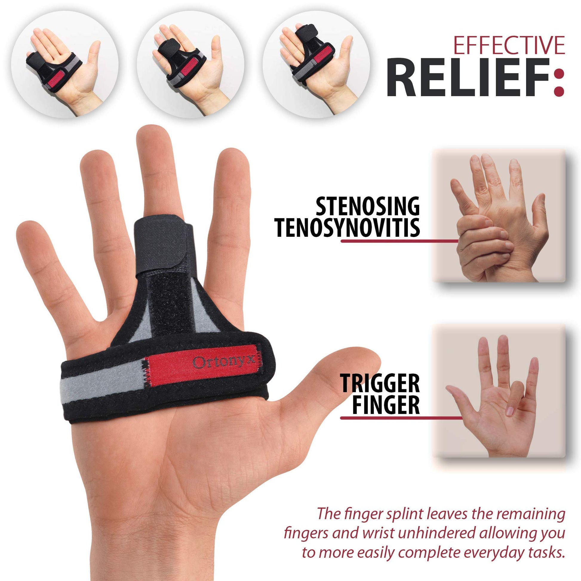 ORTONYX Trigger Finger Splint on hand; black/gray finger brace with rigid stay for trigger finger and stenosing tenosynovitis.