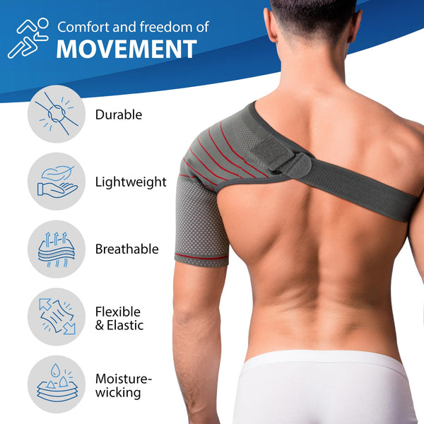 Model wearing ORTONYX shoulder brace: 3D knitted compression sleeve with adjustable strap; breathable rotator cuff support