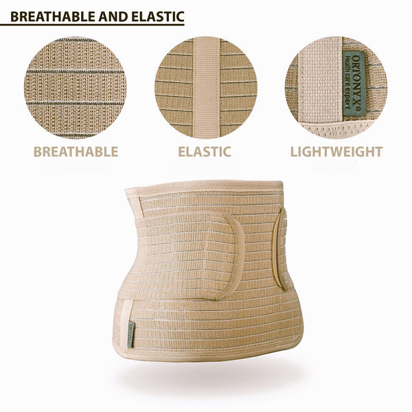 Beige ORTONYX Abdominal Binder, Velcro-adjustable tapered waist; breathable, elastic, lightweight fabric, close-up details