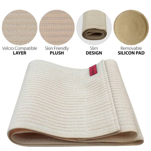 Beige umbilical hernia belt, 10.25 in abdominal binder with Velcro-compatible fabric and removable silicone navel pad