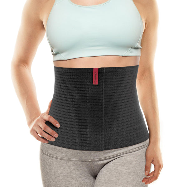 Black umbilical hernia belt abdominal binder 10.25 in with hook‑and‑loop closure and ORTONYX tag for navel hernia support