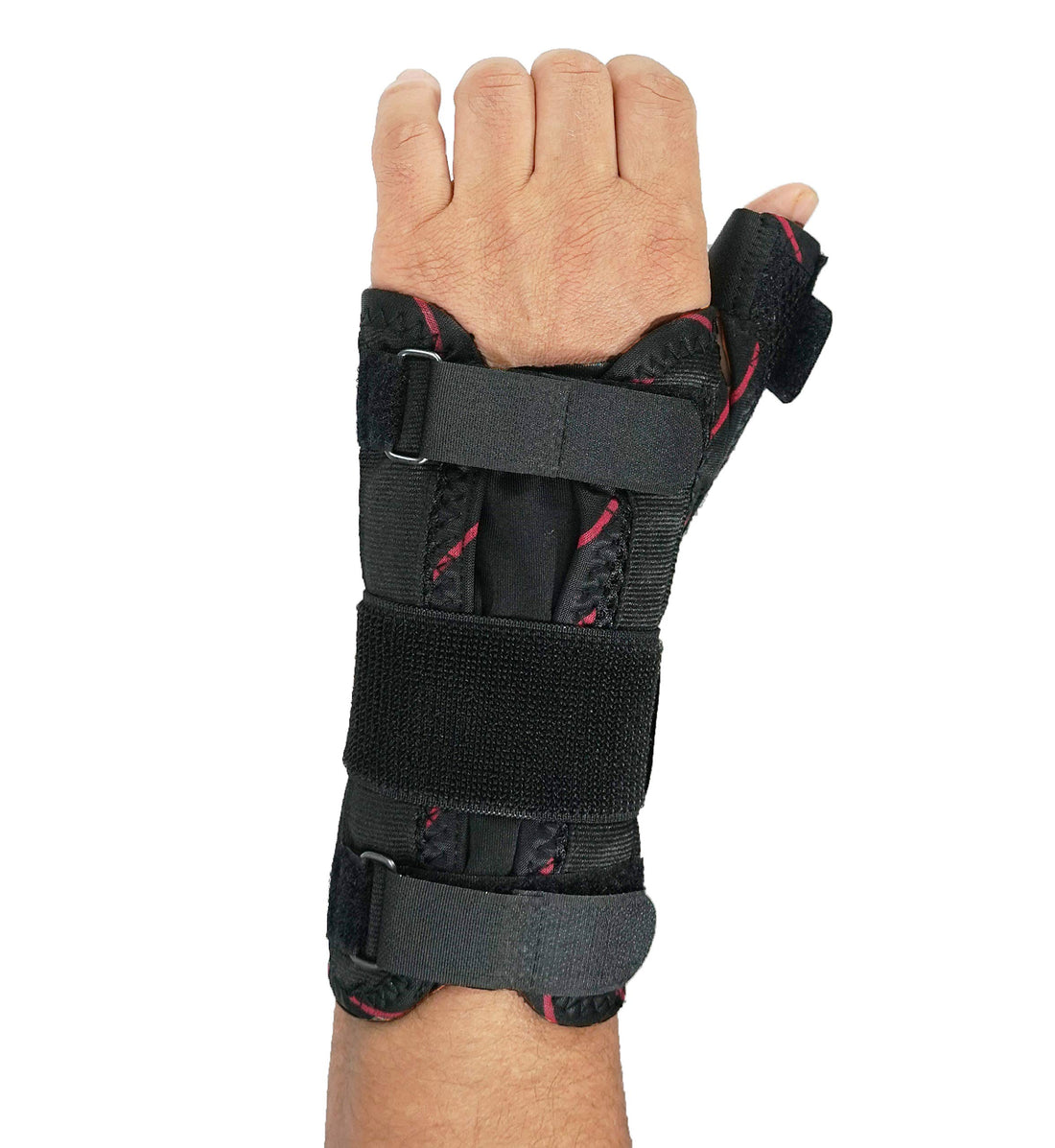 Open hand in black mesh thumb immobilizer brace with spica support, rigid stay, wrist straps; breathable De Quervain’s splint
