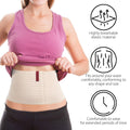 Beige ORTONYX 6.25 inch abdominal binder on waist, breathable elastic lumbo-sacral support wrap, icons for comfort and fit