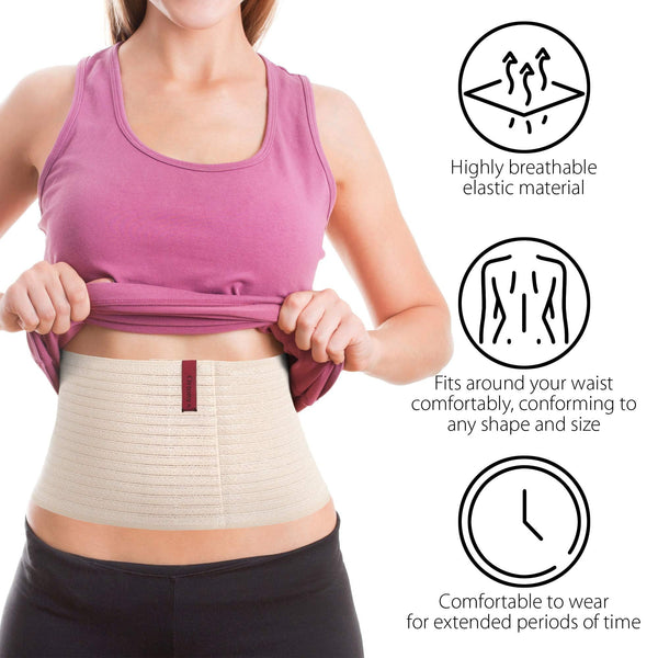 Beige ORTONYX 6.25 inch abdominal binder on waist, breathable elastic lumbo-sacral support wrap, icons for comfort and fit