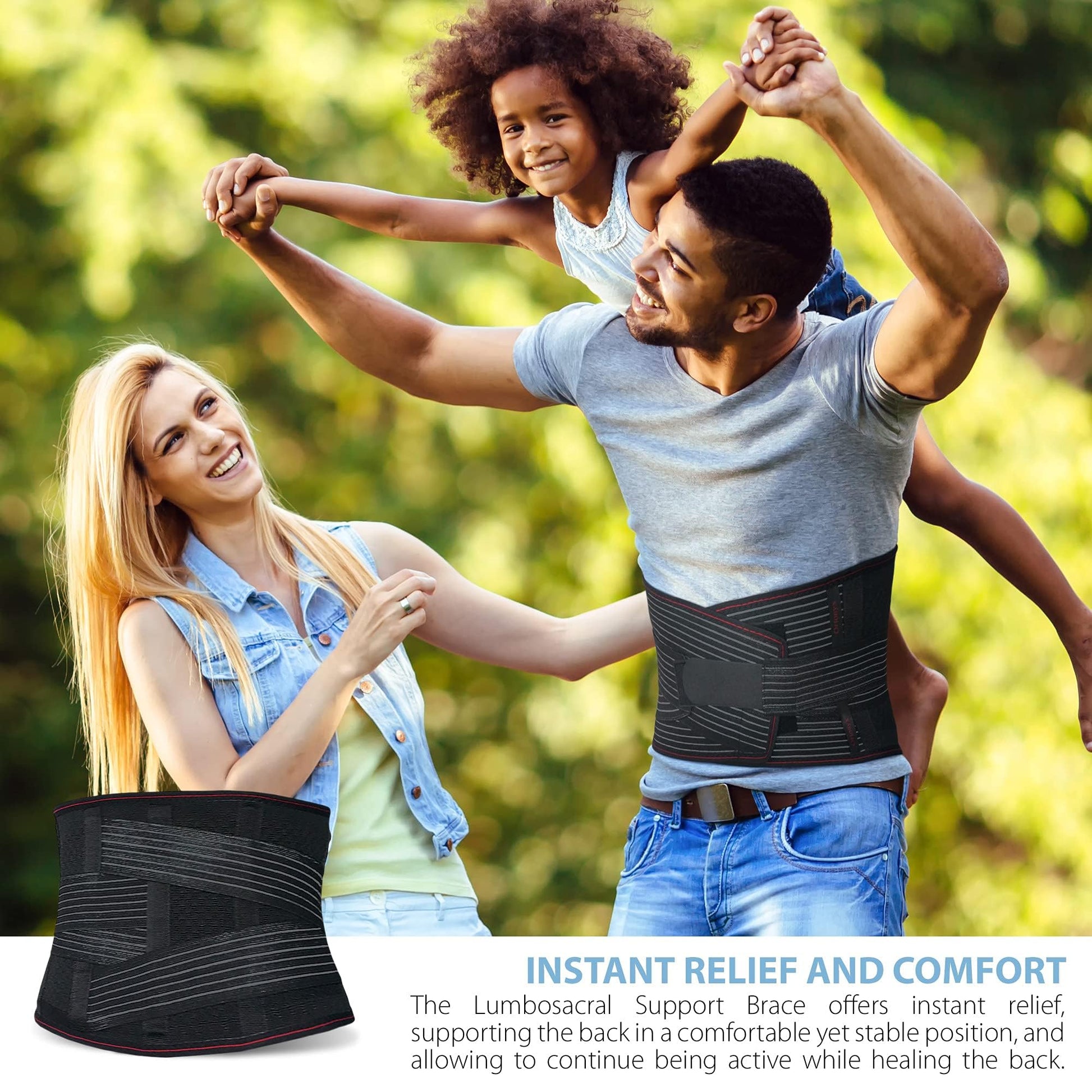 Man lifting child wearing ORTONYX lumbar support belt back brace; breathable knitted lumbosacral belt inset