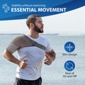 Runner jogging in compression shoulder sleeve with adjustable strap, 3D knit support—shoulder stability brace for rotator cuff