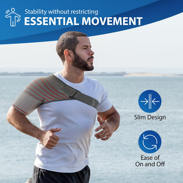 Runner jogging in compression shoulder sleeve with adjustable strap, 3D knit support—shoulder stability brace for rotator cuff