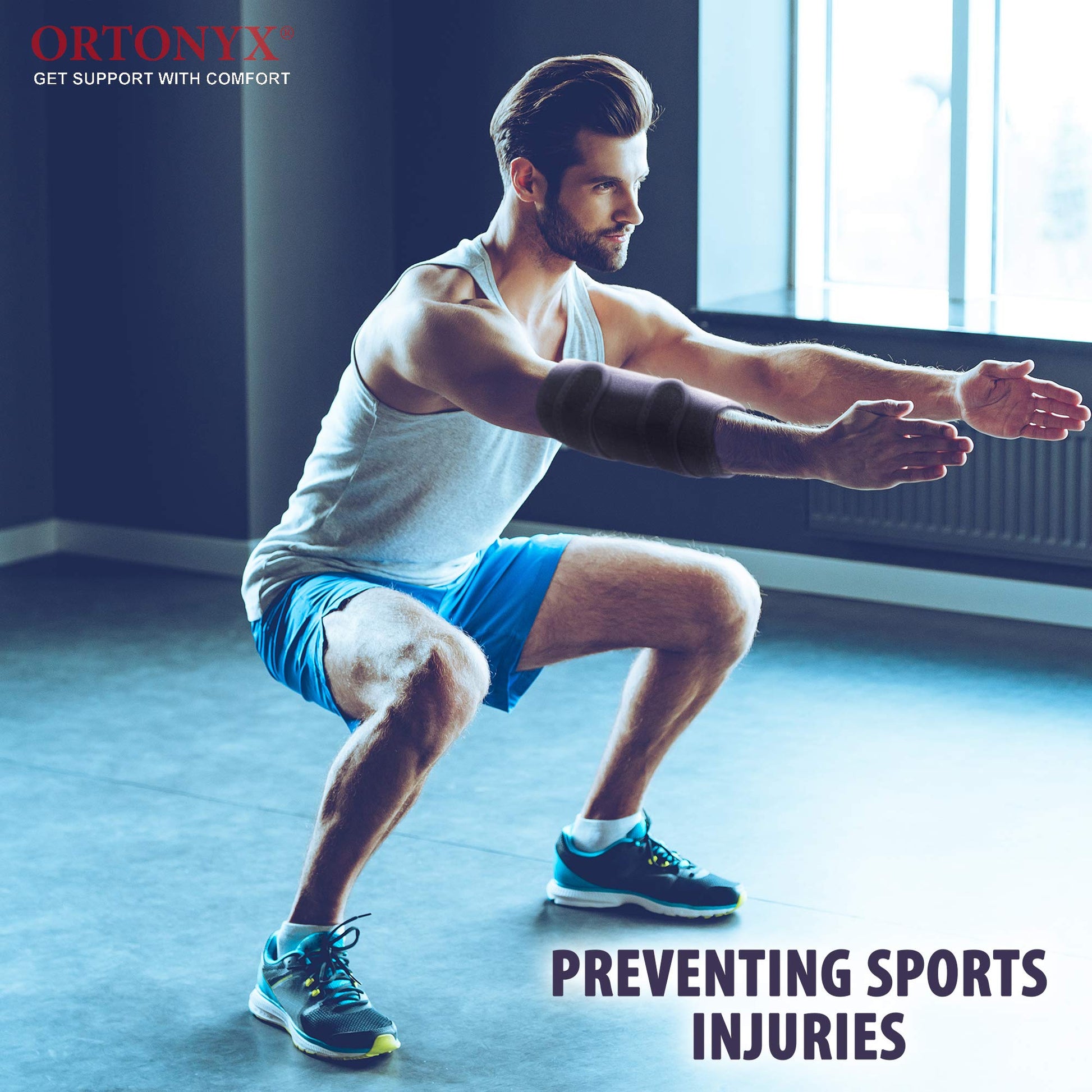 Man squats wearing ORTONYX elbow support brace VCOXEB01, compression sleeve with immobilizer splint for cubital tunnel.
