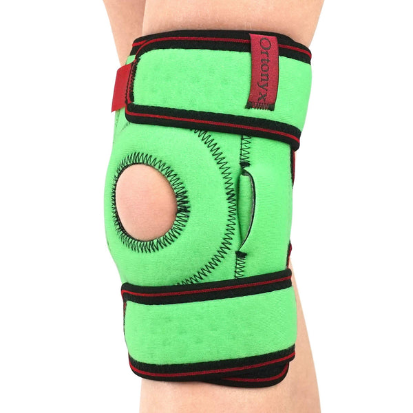 ORTONYX Kids Knee Brace ACJB2110, neon green patella ring brace with hook-and-loop straps and side spring stay on youth knee