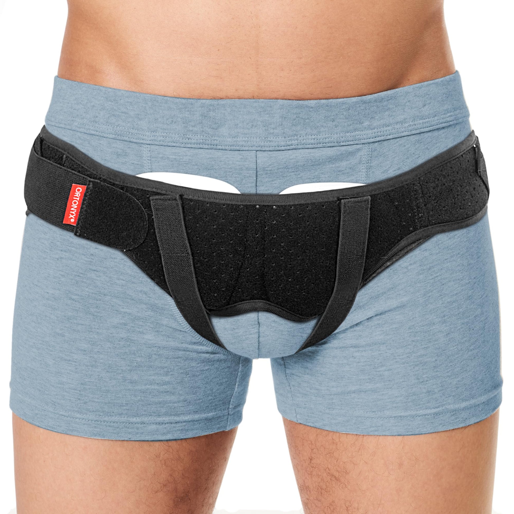 ORTONYX hernia belt with dual inguinal pads and adjustable hook-and-loop straps for sports hernia support; breathable fabric.