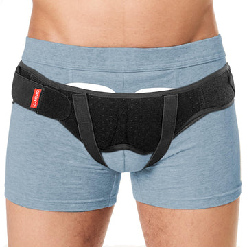 ORTONYX hernia belt with dual inguinal pads and adjustable hook-and-loop straps for sports hernia support; breathable fabric.