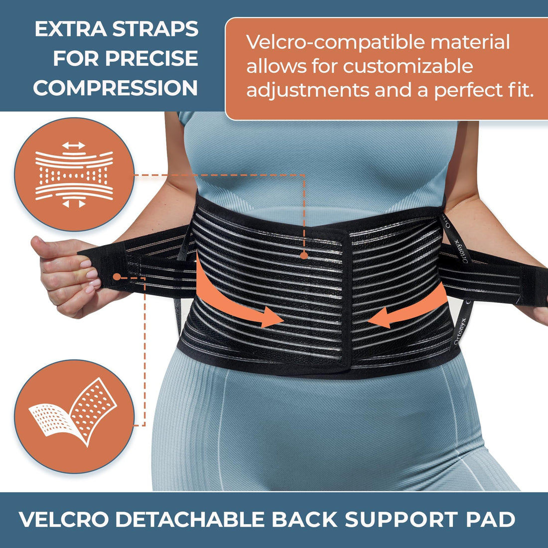 ORTONYX lumbosacral support brace on lower back, back support belt with vertical stays, crossover straps, breathable knit