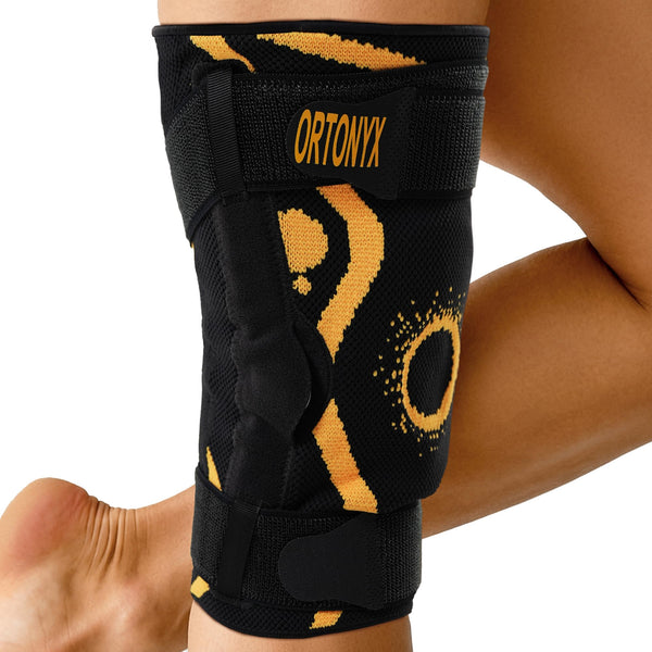 ORTONYX hinged knee brace in black, 3D knitted sleeve with patella ring and dual straps for ACL/MCL/PCL and meniscus support