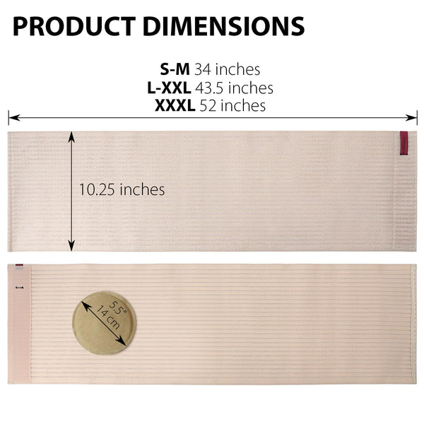 Beige umbilical hernia belt, abdominal binder 10.25 in with 5.5 in round silicone pad; sizes S-M 34, L-XXL 43.5, XXXL 52 in