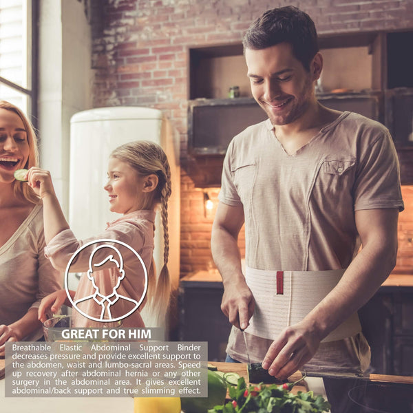 Man cooking in kitchen wearing 6.25 inch ORTONYX abdominal binder—elastic lumbo-sacral wrap with adjustable closure.