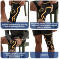 ORTONYX knee brace with patella ring (ACKB314) shown being fitted; 3D knitted patella stabilizer sleeve aligned over kneecap.